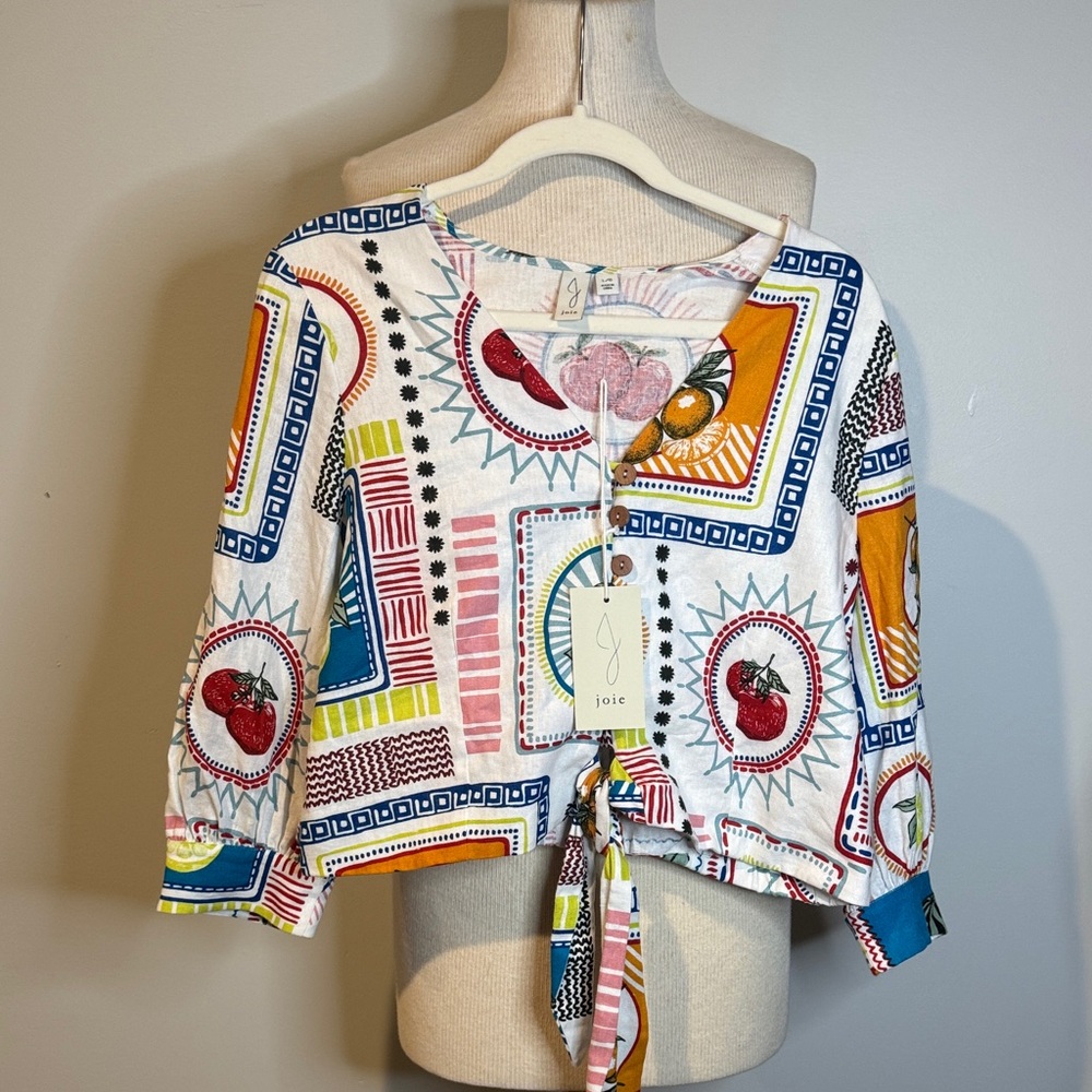 Joie Cropped Tie-Front Blouse in White with Multicolor Print